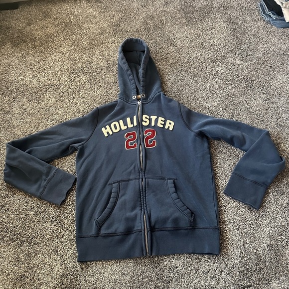 Hollister Hoodie Mens Medium‎ Navy Blue 22 Logo Full Zip Sweatshirt Y2K